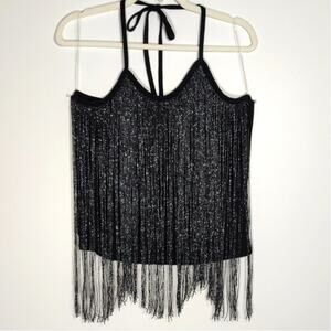 Black Fringe Halter Tank Top 1X Western Festival Coachella Y2K Glam